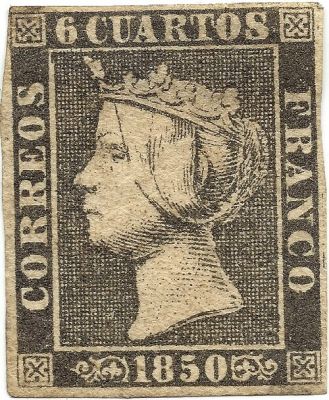 Primer sello de España: 6 cuartos negro de 1850 con la efigie de Isabel II
