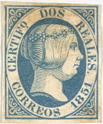 Sello de 2 reales azul de 1851, error de color, el más valioso de España