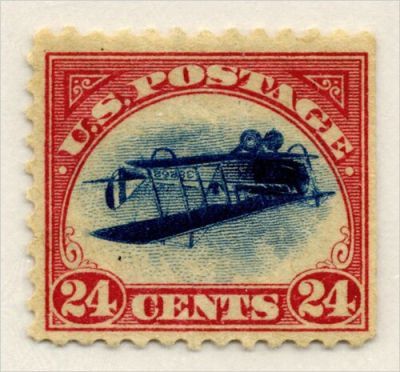Sello Jenny invertido de Estados Unidos, 1918, con el avión impreso al revés