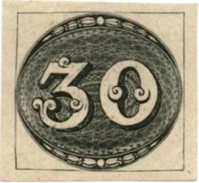 Sello Ojo de buey de 30 reis, Brasil, 1843