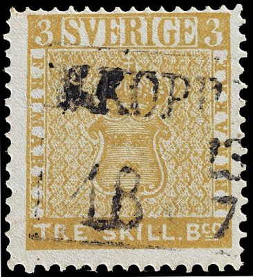 Sello Tres Skilling Amarillo, Suecia, 1855