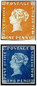 Sellos Post Office de Mauricio de 1 y 2 peniques, 1847