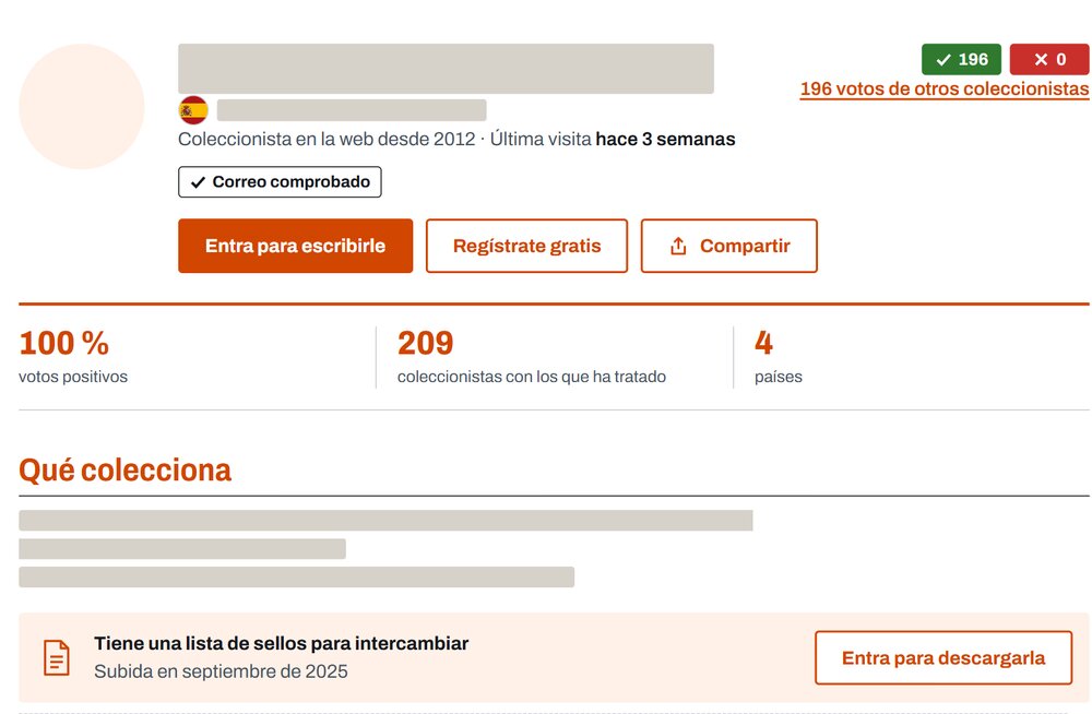 Cabecera de la ficha de un coleccionista de sellos con sus votos positivos y negativos, el porcentaje de positivos, con cuántos coleccionistas y países ha tratado, y el aviso de que tiene una lista de sellos para intercambiar.
