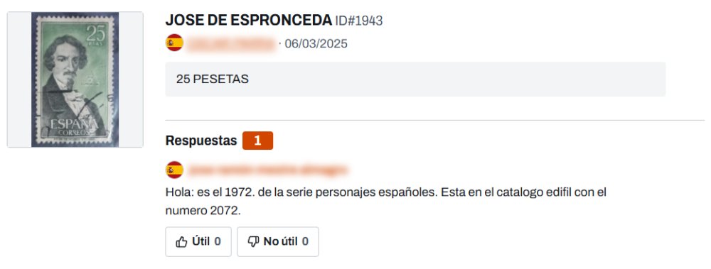 Un coleccionista sube la foto de un sello español de 25 pesetas con el retrato de José de Espronceda y otro le responde que es de 1972, de la serie Personajes españoles, número 2072 del catálogo Edifil.