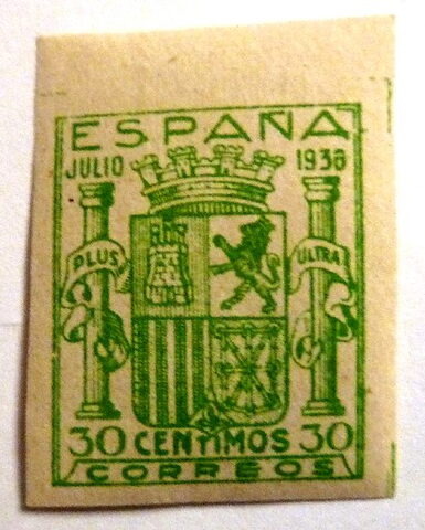Foto del sello sin identificar: FALSO FILATELICO. ESCUDO DE ESPAÑA. 1936. VERDE 30 CTS.